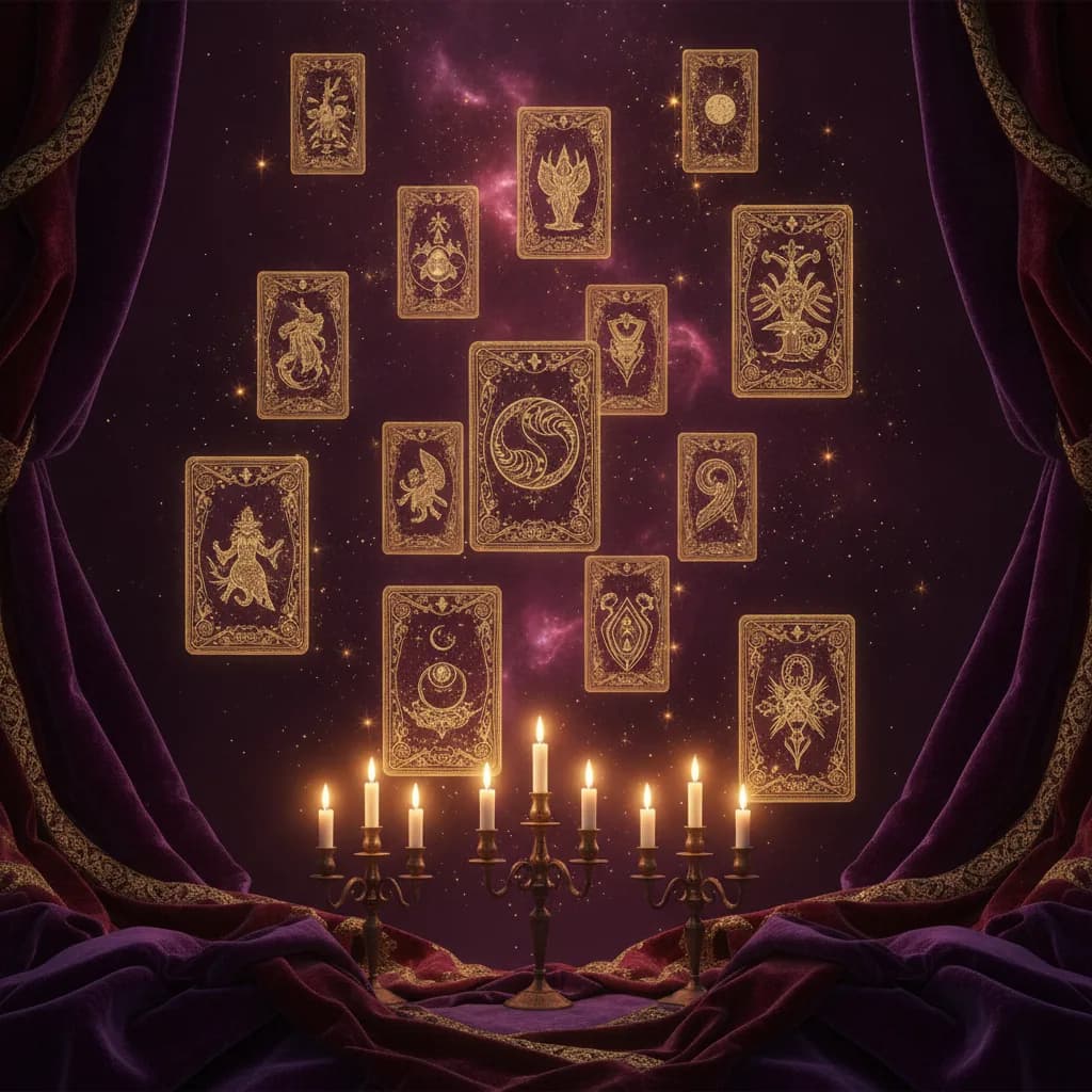 Cartes de tarot dorées et bougies sous un ciel étoilé aubergine